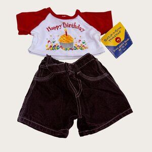 New Build A Bear Workshop Happy Birthday Outfit Red White Shirt Denim Shorts